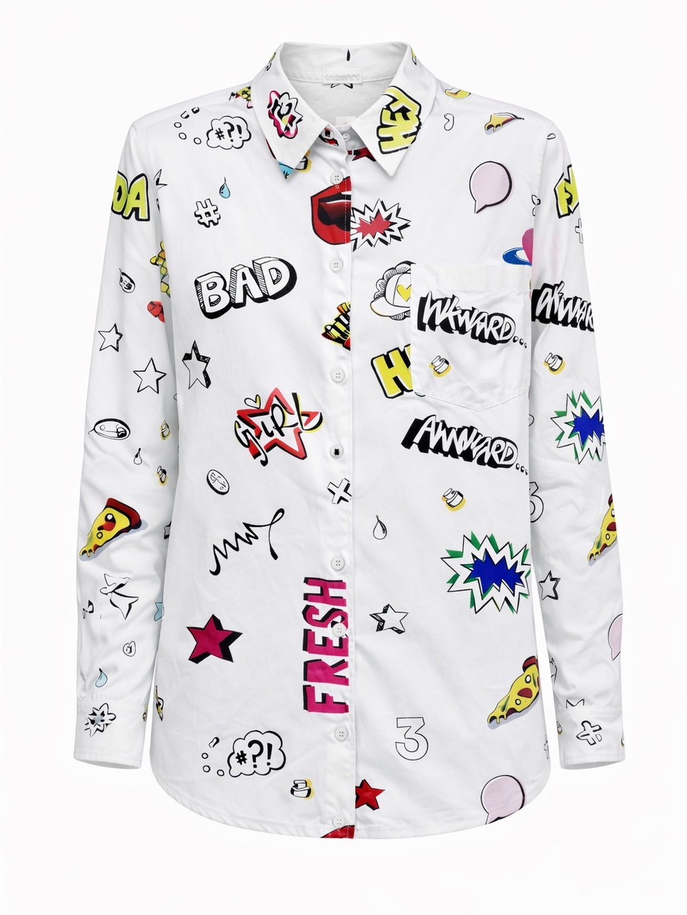 ASOS White Graphic Button-Down Shirt with Multicolor Snack & Pop Art Prints